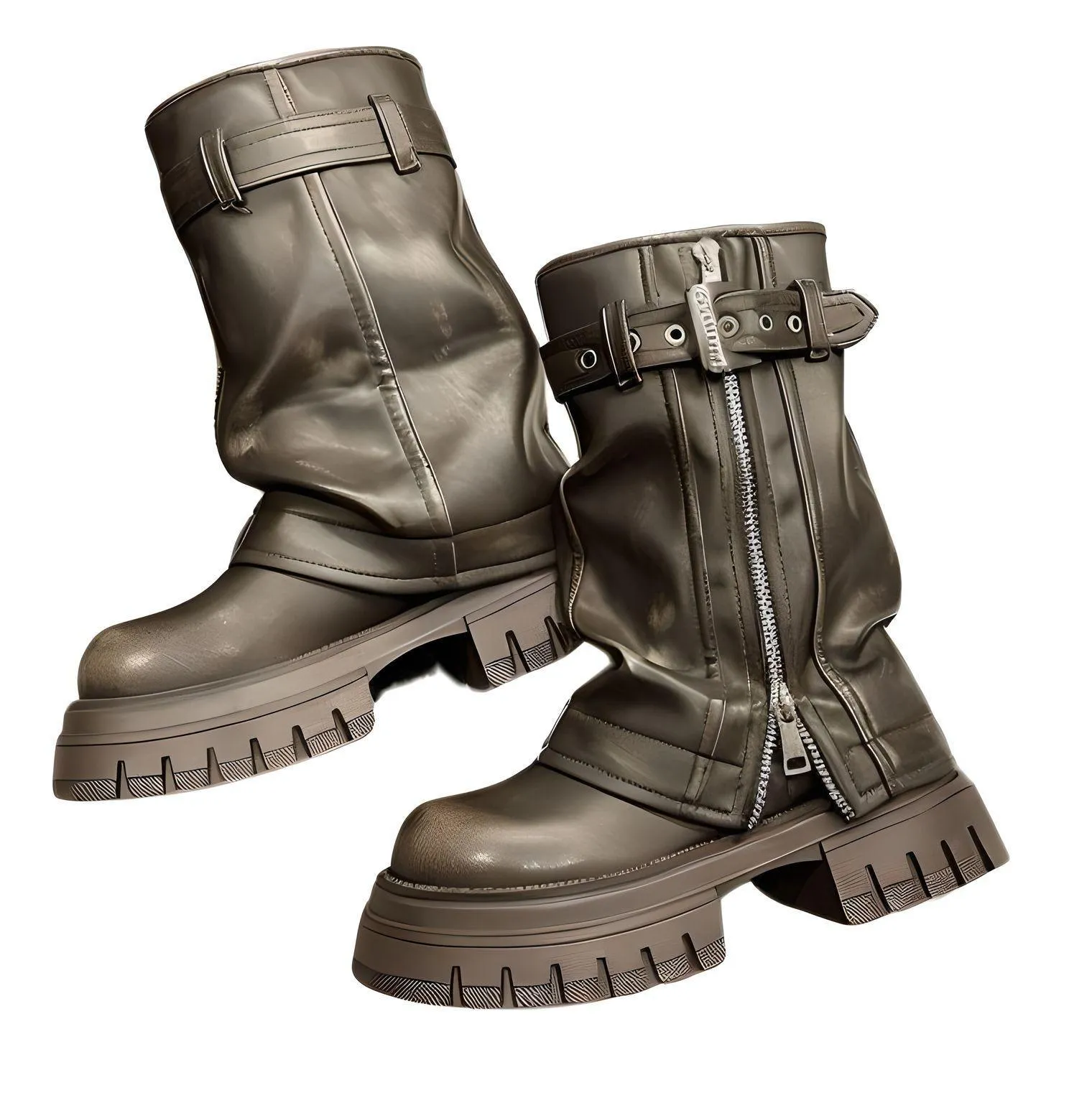 Women's Belt Buckle Chunky Boots Fashion Side Zipper Modern Boots Women High Quality Round Toe Mid-Calf Boots