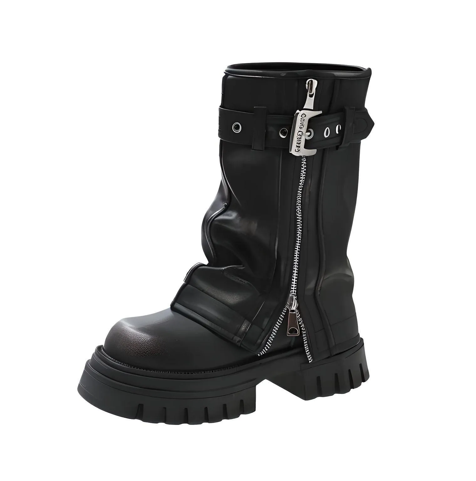 Women's Belt Buckle Chunky Boots Fashion Side Zipper Modern Boots Women High Quality Round Toe Mid-Calf Boots