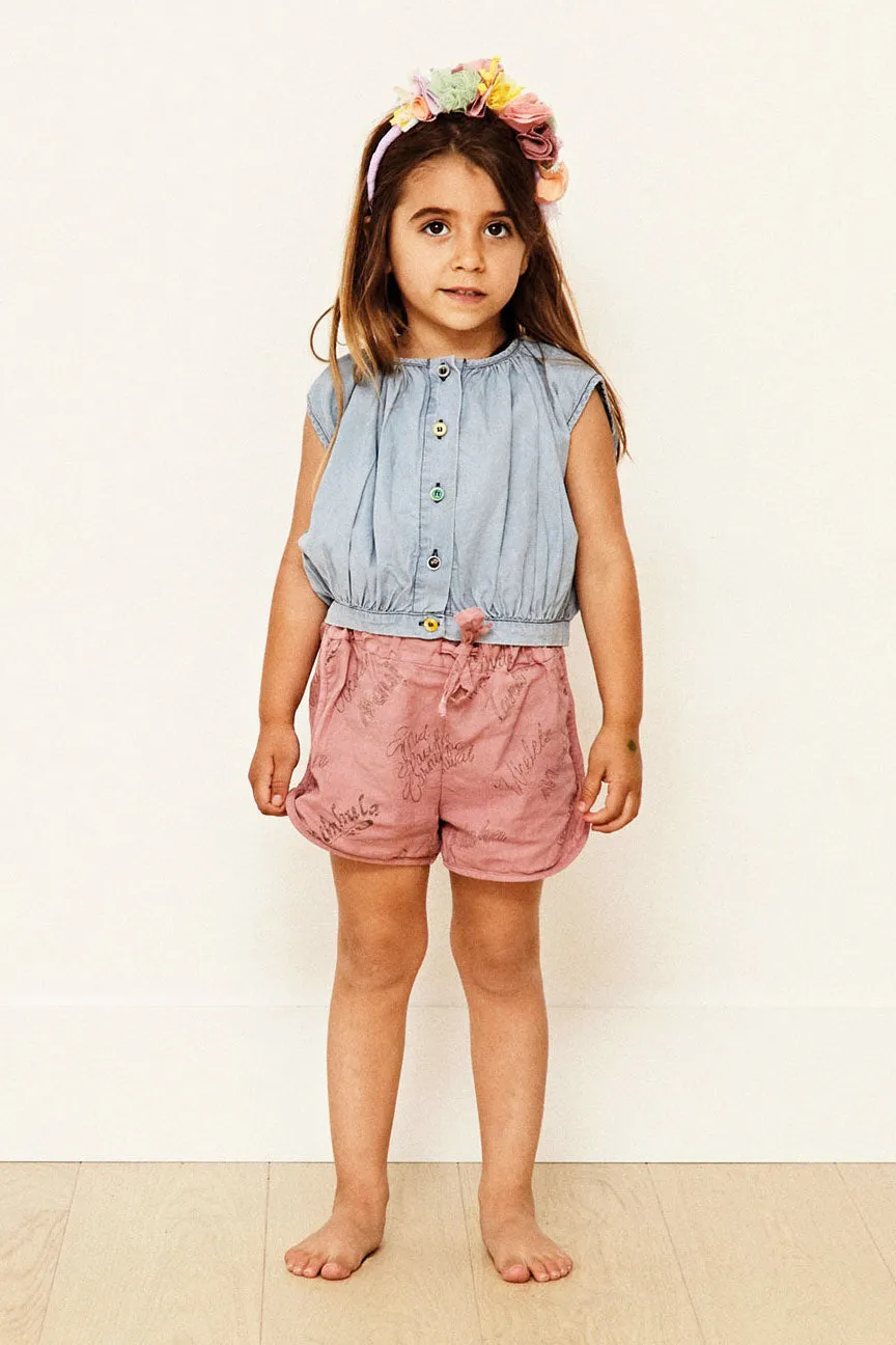 Yellow Pelota Mix Buttons Girls Blouse - Washed Denim